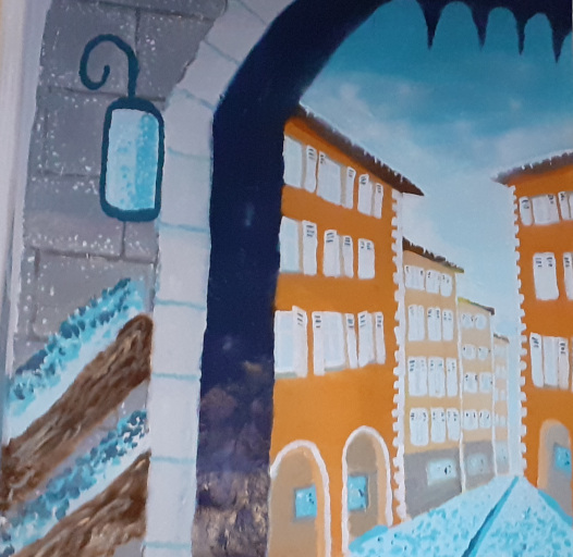 Fresque murale représentant la vieille ville de Briançon, tons de bleus et orange, réalisée par Emmanuel Pratt